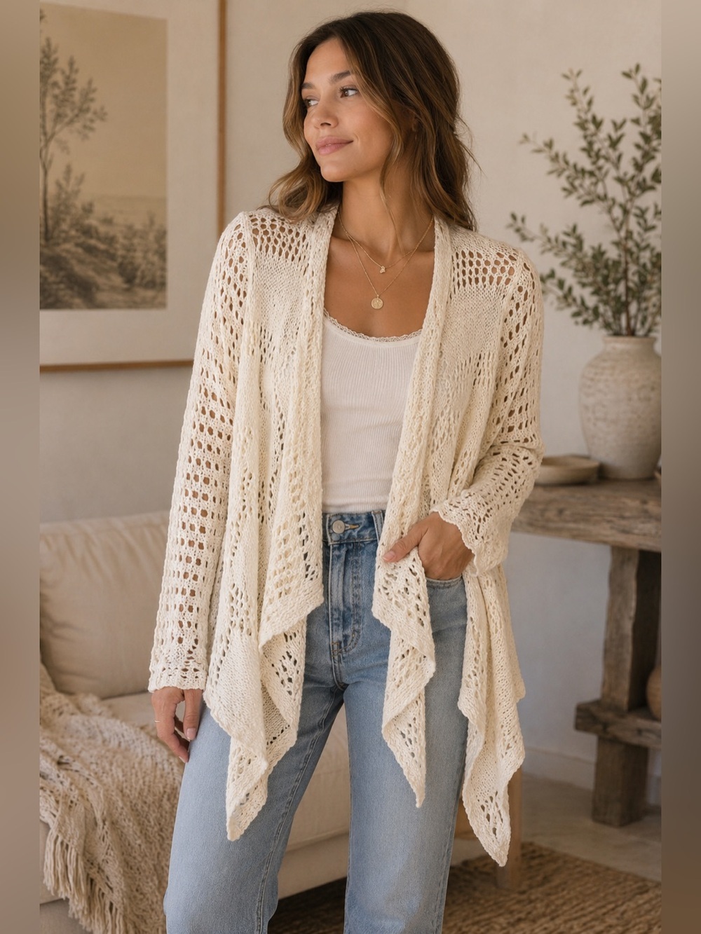 BB Dakota for Lord & Taylor Cream Open Front Cardigan Size S Crochet Boho